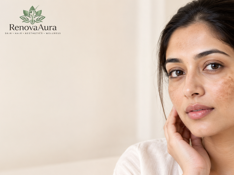 Woman with facial melasma and pigmentation